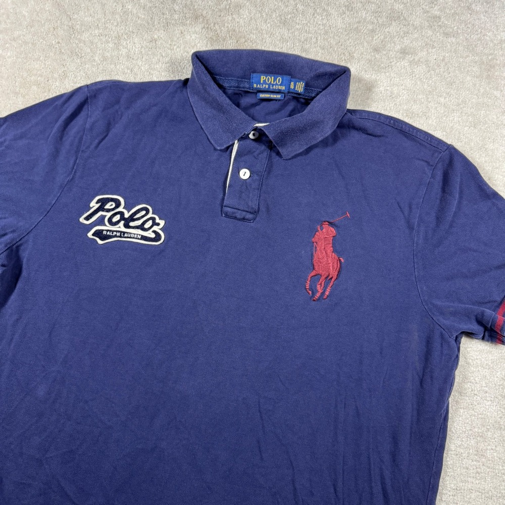 Polo Ralph Lauren Polo Shirt Mens XL Navy Blue Big Pony Custom Slim Fit Script